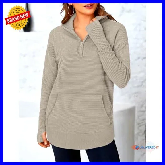 Quarter Zip Pullover Sweater Oversized Loose Fit Rib Knit Chic Casual Winter - Picture 2 of 7